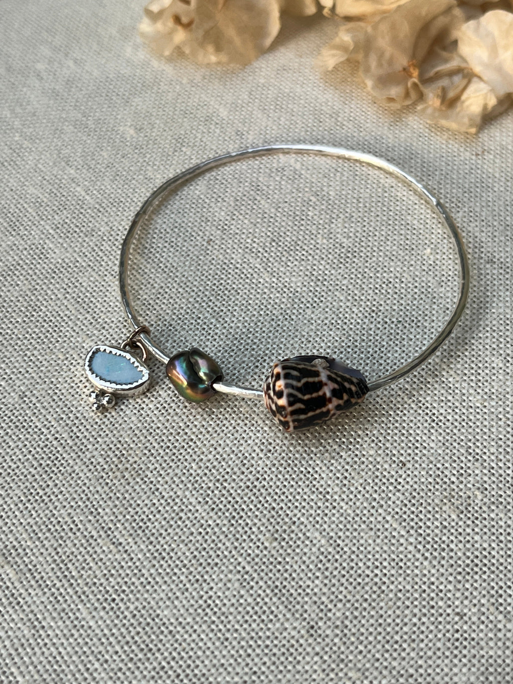 Sterling Opal x Tahitian Keshi Pearl x Chaldean Cone Shell Bangle