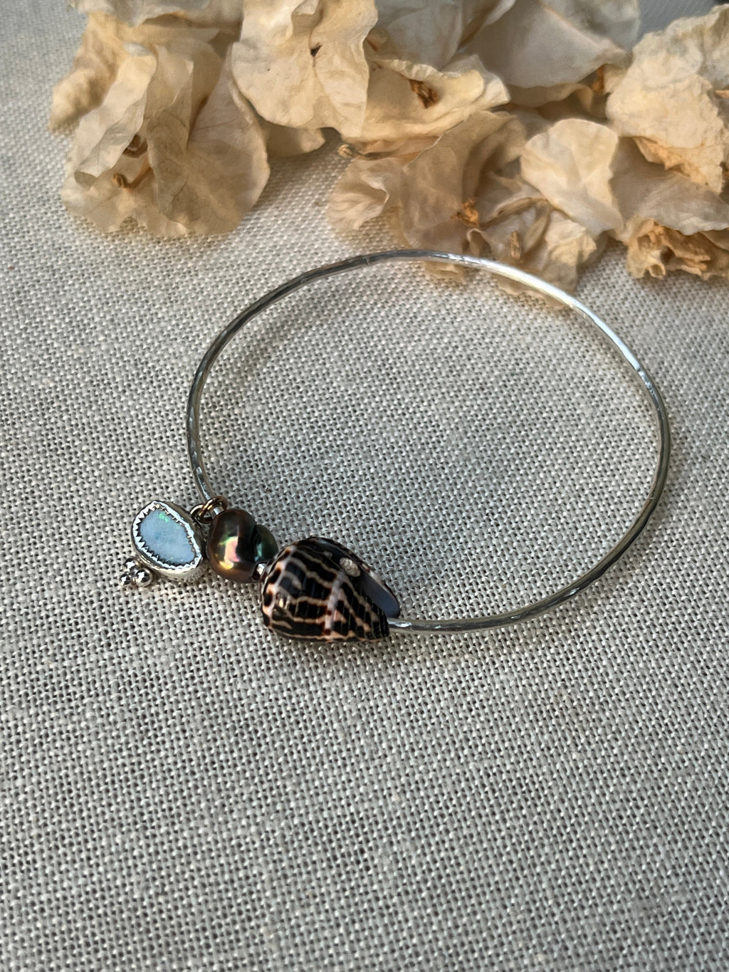 Sterling Opal x Tahitian Keshi Pearl x Chaldean Cone Shell Bangle