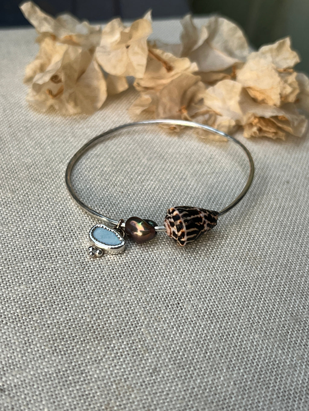Sterling Opal x Tahitian Keshi Pearl x Chaldean Cone Shell Bangle