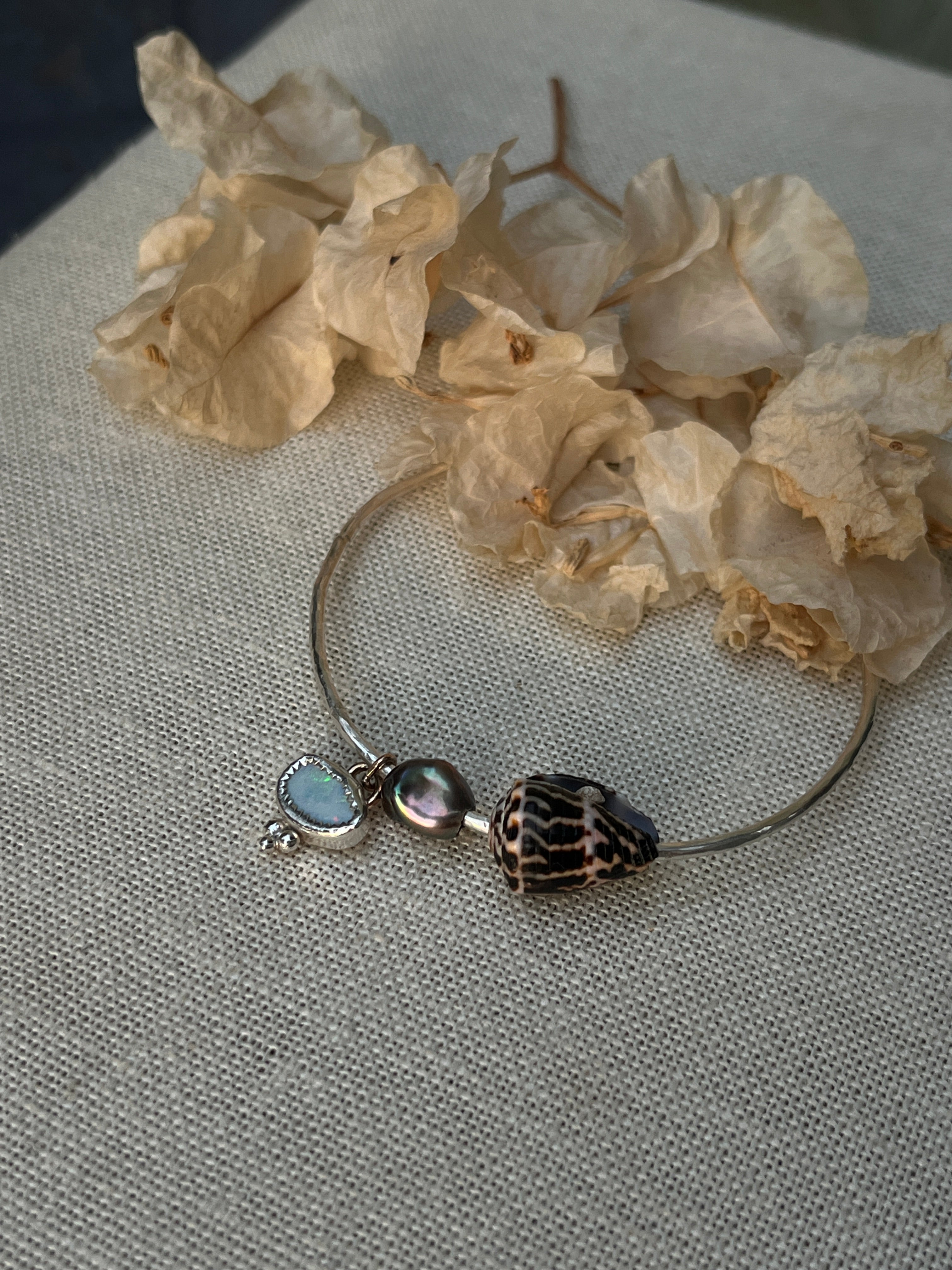 Sterling Opal x Tahitian Keshi Pearl x Chaldean Cone Shell Bangle